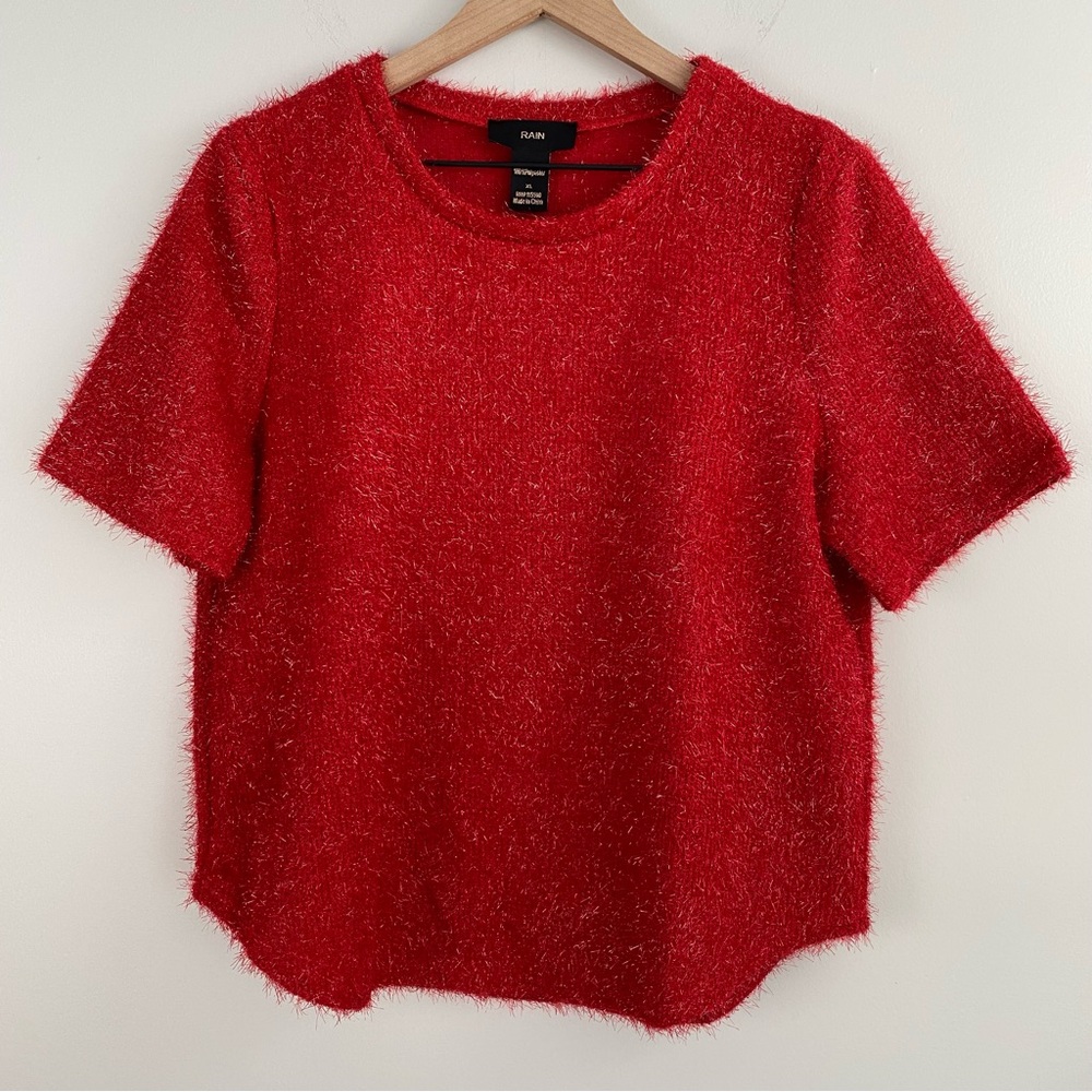 Rain Red Short-Sleeved Sparkle Textured Sweater